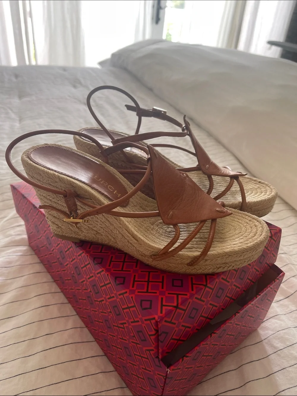 Tory Burch Tan Leather Espadrille Wedge Sandals
